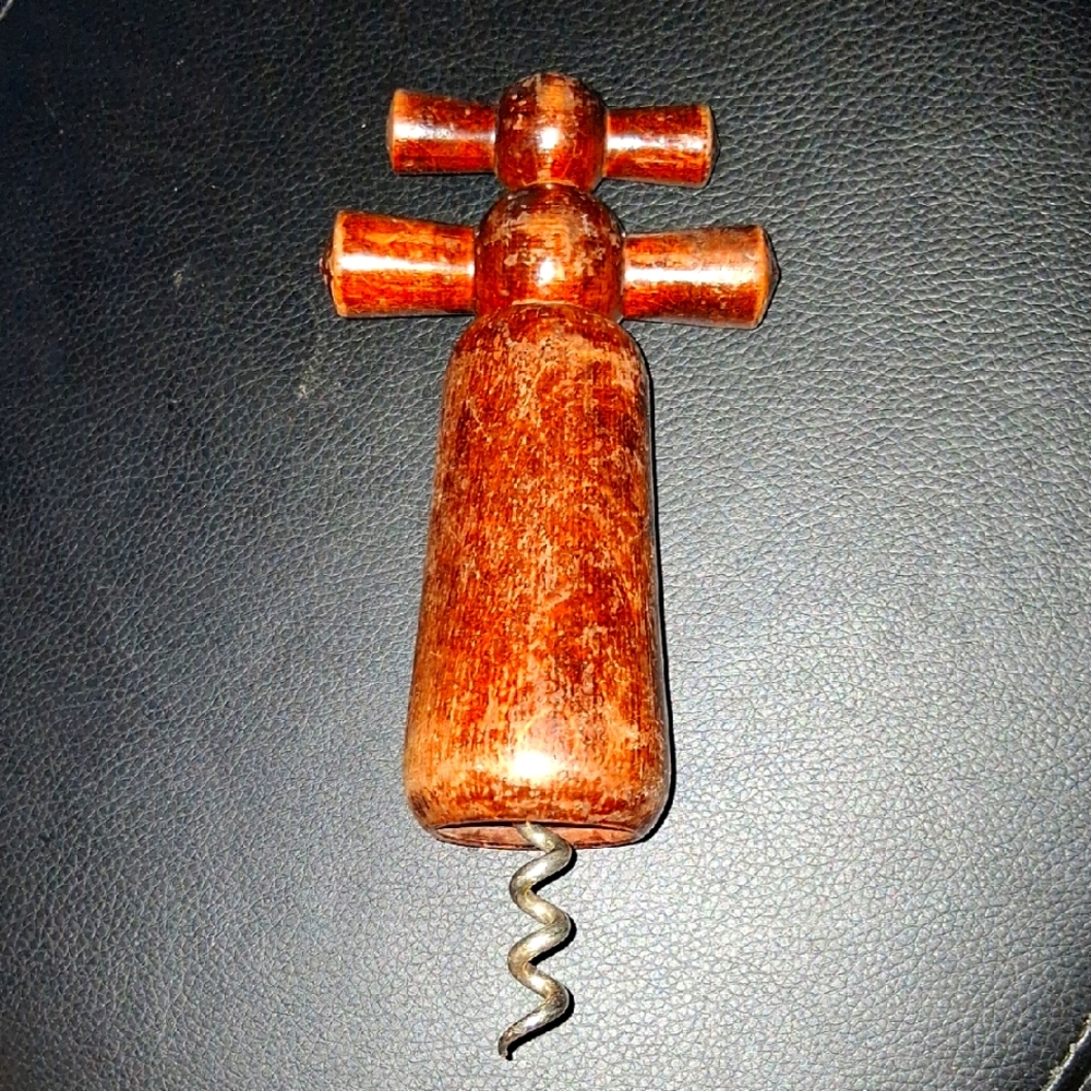 Vintage French Double Twist Wooden Corkscrew Wine Bottle Opener